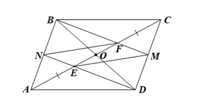 Cho hình bình hành ABCD. Các điểm E, F thuộc đường chéo AC sao cho AE = EF = FC. Gọi M là giao điểm của BF và CD, N là giao điểm của DE và AB.  (ảnh 1)