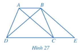 Quan sát hình thang ABCD (AB // CD, AB < CD) có hai đường chéo AC và BD bằng nhau. Kẻ BE song song với AC (E thuộc đường thẳng CD) (Hình 27). a) Hai tam giác ABC và ECB có bằng nhau hay không?  (ảnh 1)