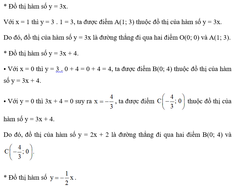 Vẽ đồ thị của các hàm số y = 3x; y = 3x + 4; y = -1/2x , y = -1/2 x +3  trên cùng một mặt phẳng tọa độ. (ảnh 1)