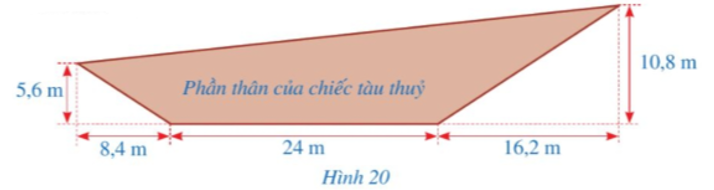 Hình 20 mô tả mặt cắt dọc phần nổi trên mặt nước của một chiếc tàu thuỷ. Tính chu vi mặt cắt dọc phần nổi trên mặt nước của chiếc tàu thuỷ đó (làm tròn kết quả đến hàng phần mười của mét). (ảnh 1)