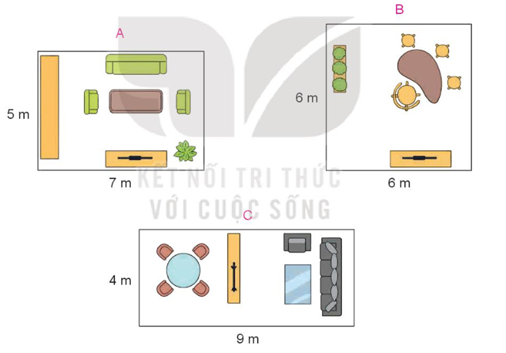 Dưới đây là hình vẽ phòng khách nhà Mai, Việt và Nam. Biết diện tích phòng khách nhà Mai bằng diện tích phòng khách nhà Việt. Hỏi hình vẽ nào là hình vẽ phòng khách nhà Nam? (ảnh 1)