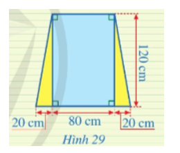 Một ô cửa sổ có dạng hình chữ nhật với chiều dài là 120 cm và chiều rộng là 80 cm. Người ta mở rộng ô cửa sổ đó bằng cách tăng độ dài cạnh dưới về hai bên, mỗi bên 20 cm (mô tả ở Hình 29). Sau khi mở rộng thì ô cửa sổ đó có dạng hình gì? Tính diện tích của ô cửa sổ đó sau khi mở rộng.  (ảnh 1)