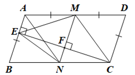 Cho hình bình hành ABCD có AD = 2AB. Từ C vẽ CE vuông góc với AB tại E. Nối E với trung điểm M của AD. Từ M vẽ MF vuông góc với CE tại F, MF cắt BC tại N. (ảnh 1)