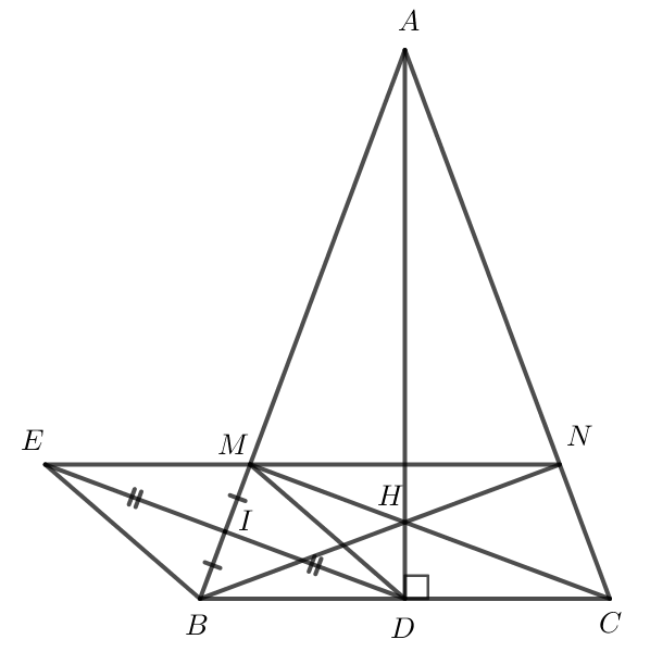 Cho tam giác ABC cân tại A có đường cao AD. a) Tính BC biết AB = 13 cm và AD = 12 cm. b) Kẻ DI vuông góc với AB tại I. Lấy điểm M trên cạnh AB sao cho I là trung điểm của đoạn thẳng BM. Chứng minh DM =  BC. c) Gọi H là giao điểm của AD và CM, N là giao điểm của BH và AC. Lấy E là điểm thuộc tia đối của tia ID sao cho ID = IE. Chứng minh 3 điểm E, M, N thẳng hàng. (ảnh 1)