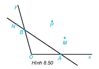 Vẽ Hình 8.50 vào vở. a) Kể tên các điểm nằm trong góc xOy