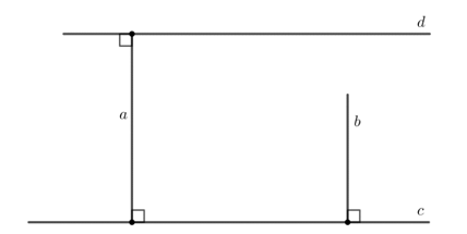 Cho hai đường thẳng phân biệt a, b cùng vuông góc với đường thẳng c; d là một đường thẳng khác c và d vuông góc với a. Chứng minh rằng (ảnh 1)