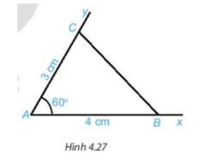 Vẽ góc xAy = 60 độ. Lấy điểm B trên tia Ax và điểm C trên tia Ay sao cho: AB = 4 cm (ảnh 1)