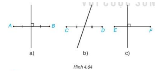 Trong Hình 4.64, bạn Lan vẽ đường trung trực của các đoạn thẳng. Theo em, hình nào Lan vẽ đúng (ảnh 1)