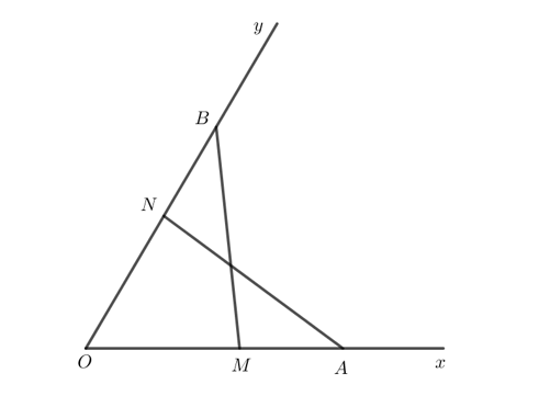 Cho góc xOy. Trên tia Ox lấy hai điểm A, M; trên tia Oy lấy hai điểm B, N sao cho  OA = OB, OM = ON, OA > OM. Chứng minh rằng (ảnh 1)