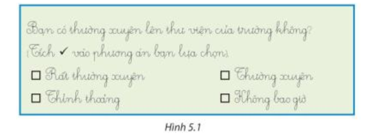 Vuông và Tròn muốn tìm hiểu về mức độ thường xuyên lên thư viện trường của các bạn học sinh trong trường nên đã lập phiếu như Hình 5.1 (ảnh 1)