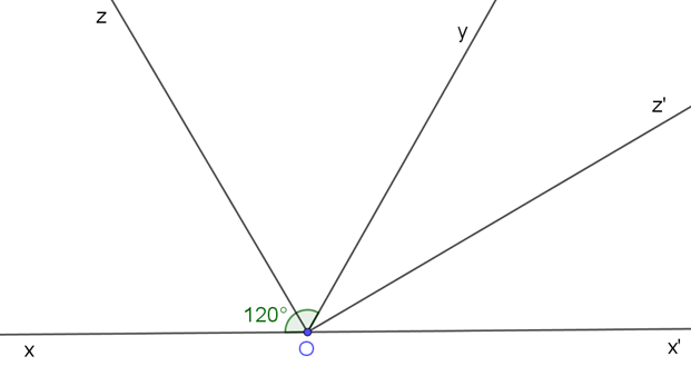 Vẽ hai góc kề bù xOy, yOx', biết góc xOy = 120 độ (ảnh 1)