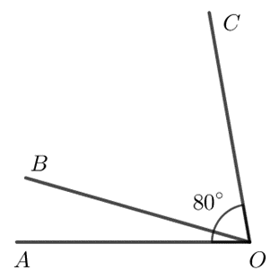 Cho hai góc kề nhau AOB và BOC với góc AoC = 80 độ (ảnh 1)