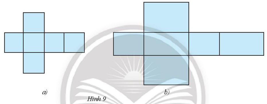 Trong tấm bìa ở Hình 9, tấm bìa nào gấp được hình hộp chữ nhật, tấm bìa  (ảnh 1)
