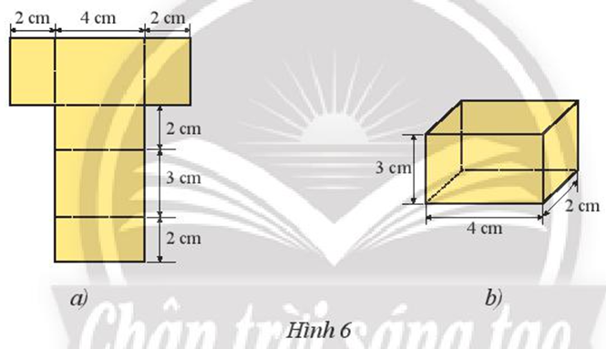 Hãy vẽ và gấp tấm bìa như Hình 6a thành một hình hộp chữ nhật như Hình 6b (ảnh 1)