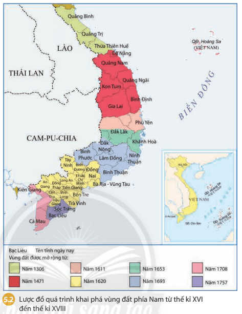 Dựa vào thông tin trong bài và lược đồ 5.2 em hãy cho biết quá trình khai phá vùng đất