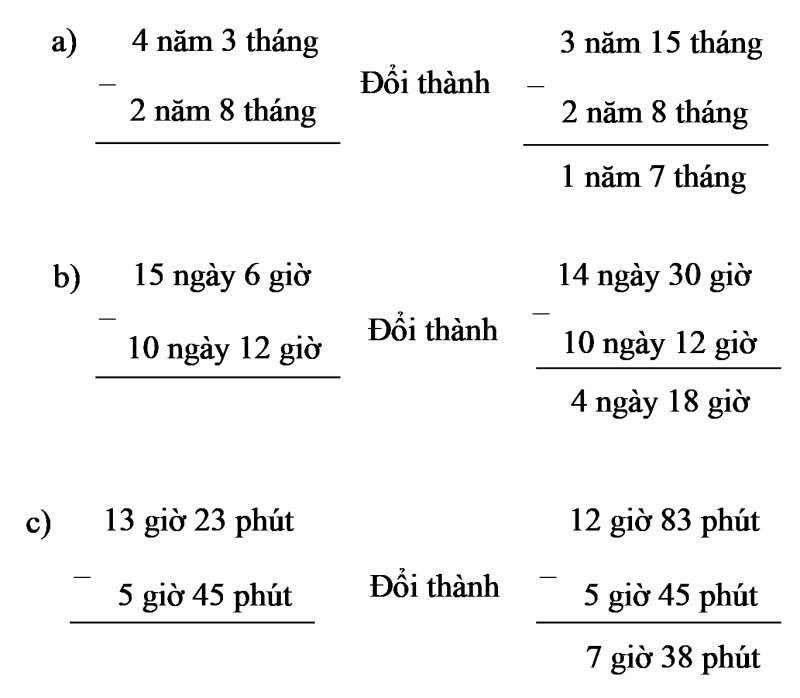 Tính: a) 4 năm 3 tháng - 2 năm 8 tháng (ảnh 1)