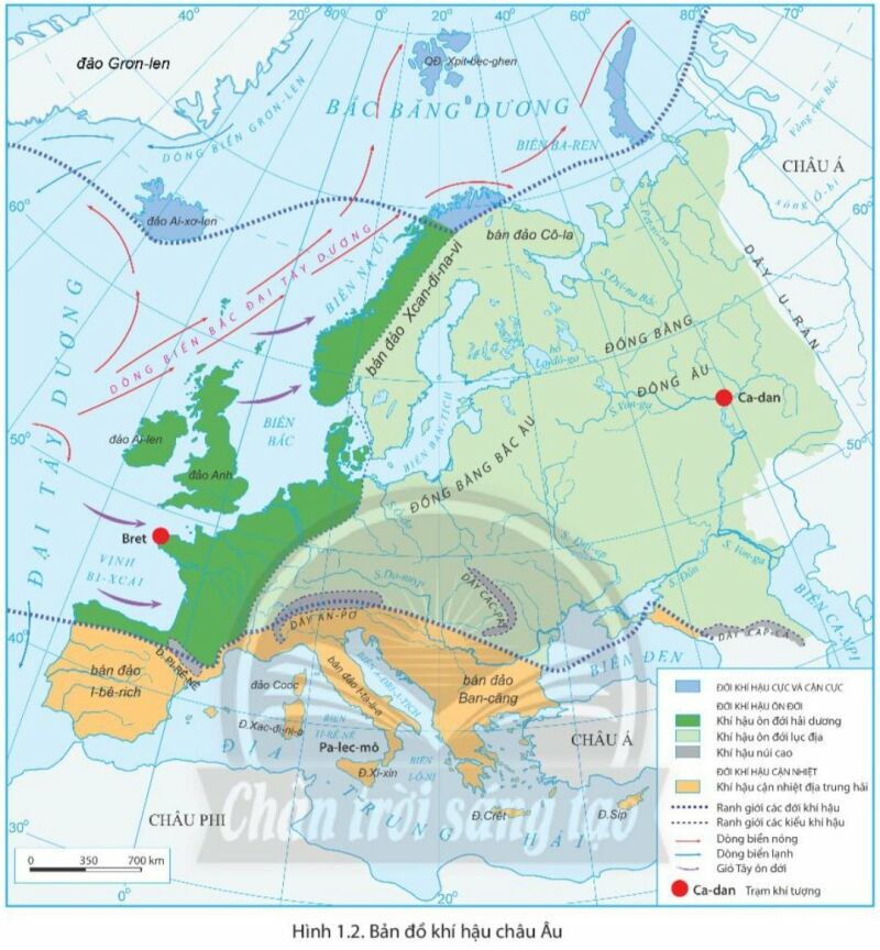 Dựa vào hình 1.2 và thông tin trong bài, em hãy: Kể tên các đới và kiểu khí hậu của châu Âu (ảnh 1)