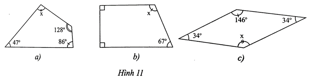 Tìm số đo x trong các tứ giác sau