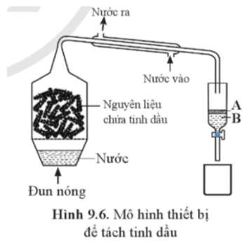 Hình 9.6 mô phỏng thiết bị dùng để chưng cất tinh dầu bằng phương pháp chưng cất