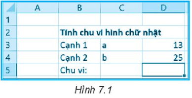 Công thức nào là đúng khi nhập vào ô D5 trong Hình 7.1 để tính chu vi hình chữ nhật