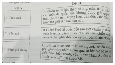 Ghép nội dung ở cột B với cụm từ ở cột A sao cho đúng về Chiến tranh thế giới thứ nhất