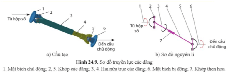 Quan sát hình 24.9, cho biết truyền lực các đăng gồm các bộ phận chính nào?