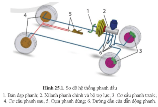 Quan sát Hình 25.1, hãy chỉ ra đường dầu đi trong hệ thống khi phanh?