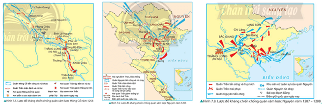 Quan sát các bảng 7.4 7.5 và các hình 7.5 7.6 7.8 trình bày nét chính về diễn biến và ý nghĩa ba cuộc kháng chiến chống quân xâm lược Mông Nguyên thời Trần