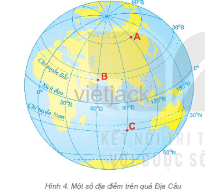 Xác định tọa độ địa lí của các điểm A, B, C trên hình 4