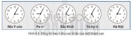 Quan sát hình 6.4, hãy giải thích tại sao mỗi đồng hồ ở khách sạn lại chỉ một giờ khác nhau