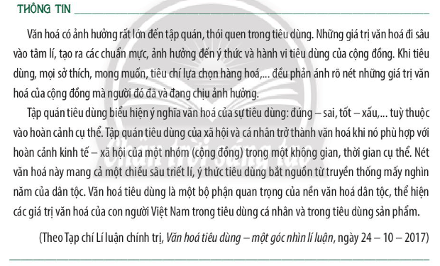 Em hãy xác định yếu tố hình thành văn hoá tiêu dùng trong các thông tin trên