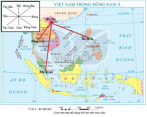 em hãy xác định hướng đi từ Hà Nội đến các địa điểm: Băng Cốc, Ma-ni-la, Xin-ga-po