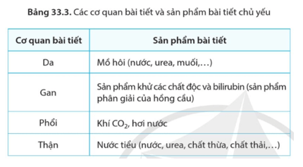 Dựa vào bảng 33.3 nêu vai trò của da gan phổi và thận trong bài tiết