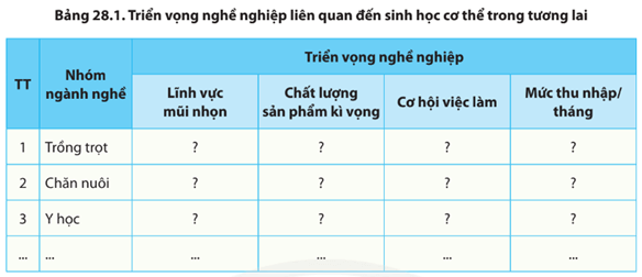 Hãy phân tích và dự đoán triển vọng của các nghề liên quan đến sinh học cơ thể trong tương lai Bảng 28.1