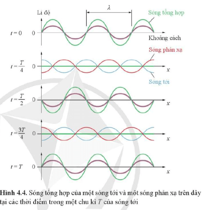 Hãy chỉ ra vị trí các bụng sóng trên Hình 4.4. So sánh biên độ của sóng tổng hợp