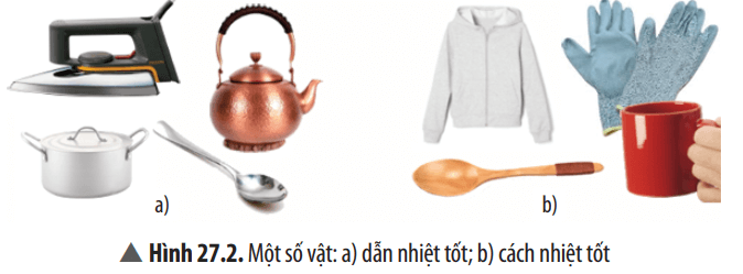 Kể tên và nêu công dụng của một số vật dẫn nhiệt tốt và vật cách nhiệt tốt trong Hình 27.2