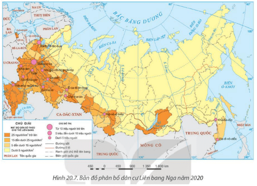 Dựa vào thông tin mục 1 và hình 20.7 hãy nêu đặc điểm dân cư Liên Bang Nga