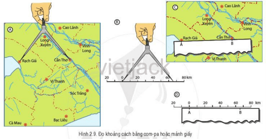 Dựa vào hình 2.9, hãy tính khoảng cách từ Bạc Liêu đến Sóc Trăng