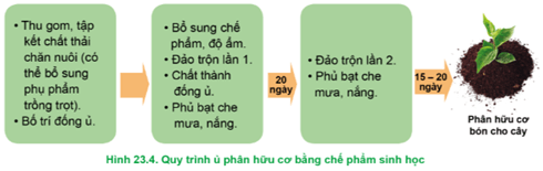  Quan sát Hình 23.4 và mô tả quy trình xử lí chất thải chăn nuôi bằng chế phẩm sinh học