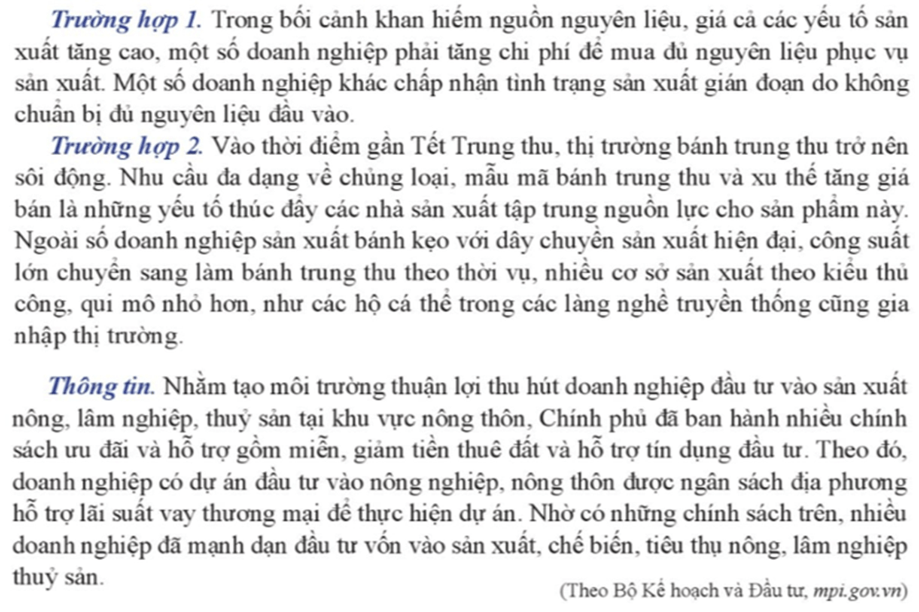 Em hãy xác định các nhân tố ảnh hưởng đến cung hàng hóa, dịch vụ trong mỗi trường hợp