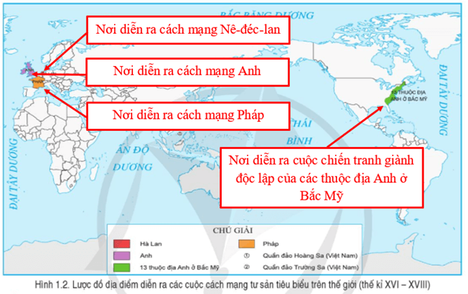 Đọc thông tin và quan sát hình 1.2, xác định những địa điểm diễn ra các cuộc cách mạng tư sản