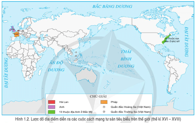 Đọc thông tin và quan sát hình 1.2, xác định những địa điểm diễn ra các cuộc cách mạng tư sản