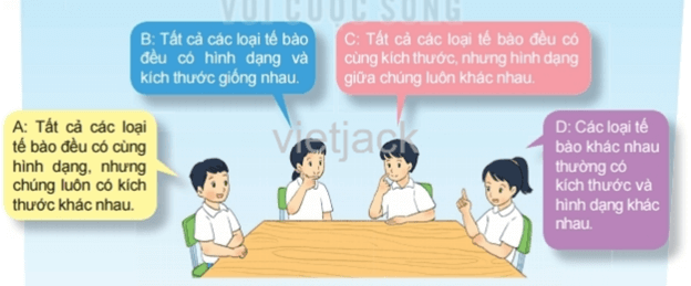 Khi thảo luận về kích thước và hình dạng tế bào, bốn bạn học sinh có ý kiến như sau