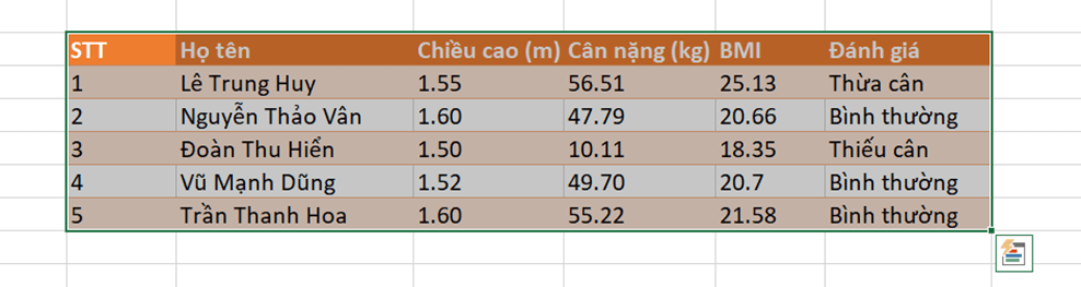 Mở tệp ThucHanh.xlsx, trong Bảng chỉ số BMI của một nhóm, hãy cho biết ô nào chứa dữ liệu trực tiếp