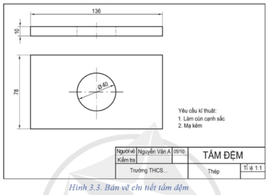 Quan sát Hình 3.3 và cho biết: - Bản vẽ tấm đệm được vẽ theo tỉ lệ nào