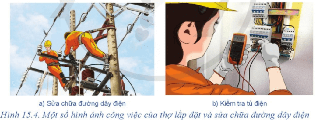 Thợ lắp đặt và sửa chữa đường dây điện ở Hình 15.4 đang thực hiện