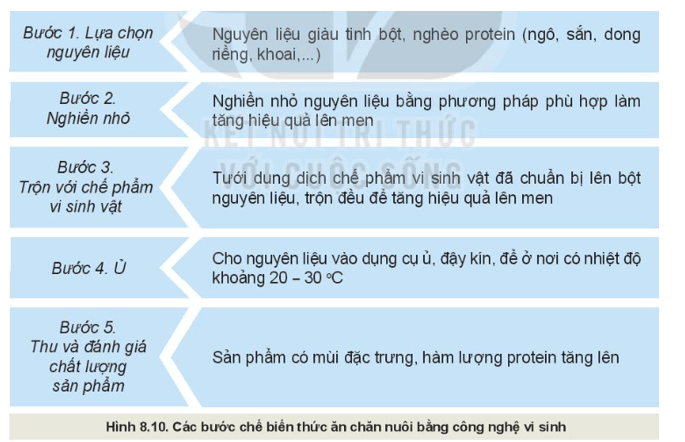 Quan sát Hình 8.10 mô tả các bước chế biến thức ăn chăn nuôi bằng công nghệ vi sinh