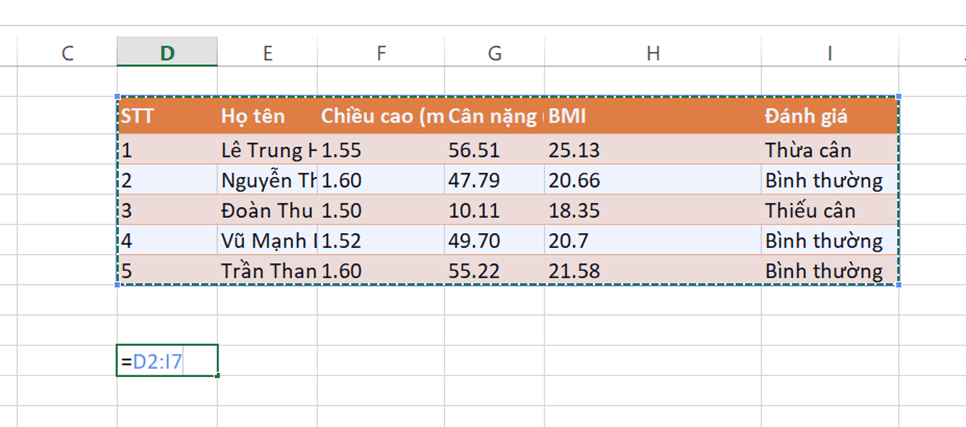 Chọn khối ô vừa đủ chứa trọn Bảng chỉ số BMI của một nhóm và cho biết địa chỉ khối ô là gì