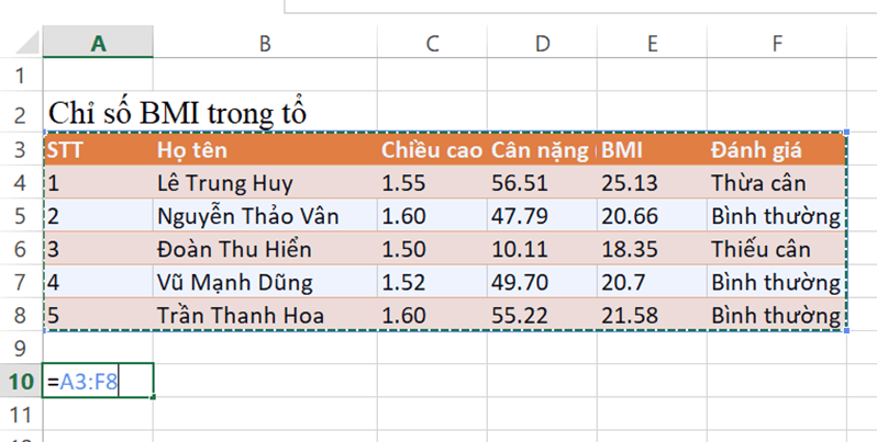 Chọn khối ô vừa đủ chứa trọn Bảng chỉ số BMI của một nhóm và cho biết địa chỉ khối ô là gì