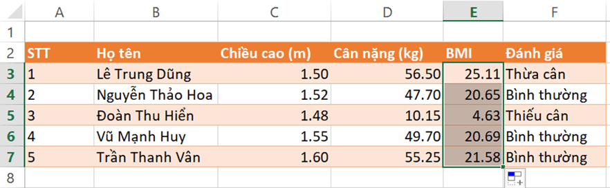 Điền công thức tính chỉ số BMI vào cột BMI thay cho các số liệu trực tiếp trong tệp ThucHanh.xlsx